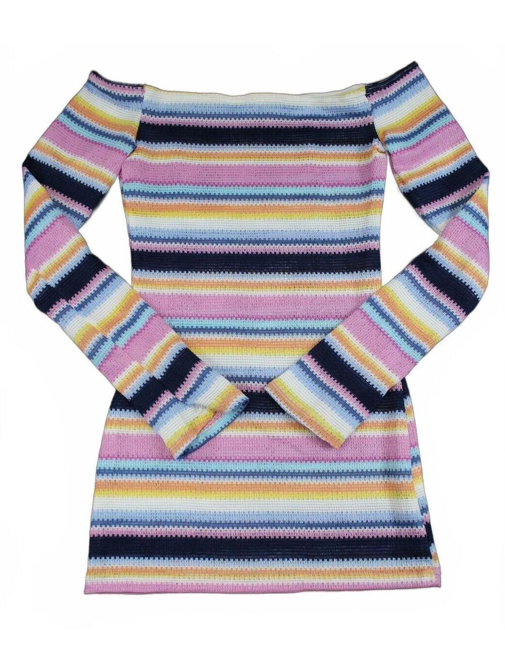 Rainbow Striped Off Shoulder Knit Mini Dress Large